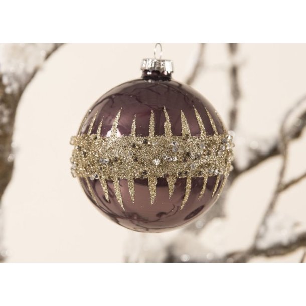Julekugle til ophng - mrke lilla med guld glimmer bort med perler str. D8 cm